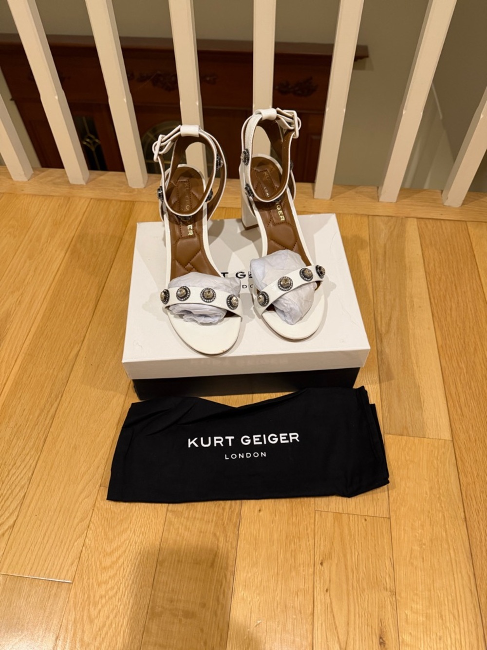 KURT GEIGER LONDON Octavia Jeweled Block Heel Leather Dress Sandals